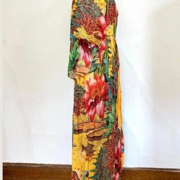 Farm Rio Tropical Dreams Caftan Maxi Dress Yellow Multi Jungle Cheetah Print - Picture 6 of 9